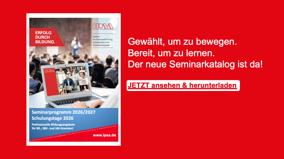 Ein Bild des neuen Seminarkatalogs mit einem Appell diesen anzusehen und herunterzuladen