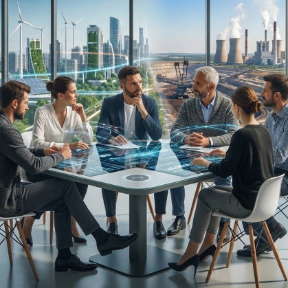 Fachkräfte und Referentinnen und Referenten von BR-Gremien tauschen sich am Tisch sitzend aus. Dahinter ein Bild der modernen und scheidenden Energiewirtschaft