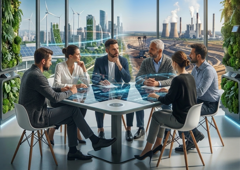 Fachkräfte und Referentinnen und Referenten von BR-Gremien tauschen sich am Tisch sitzend aus. Dahinter ein Bild der modernen und scheidenden Energiewirtschaft