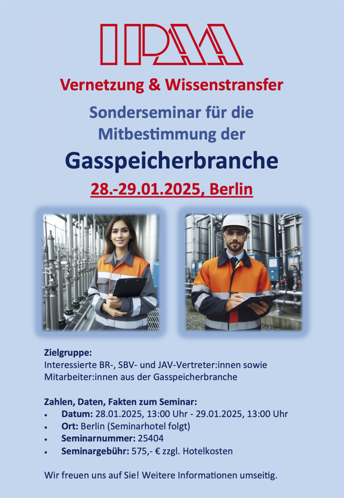 Ein Werbebild für ein IPAA-Sonderseminar für Gasspeicherbetriebsräte