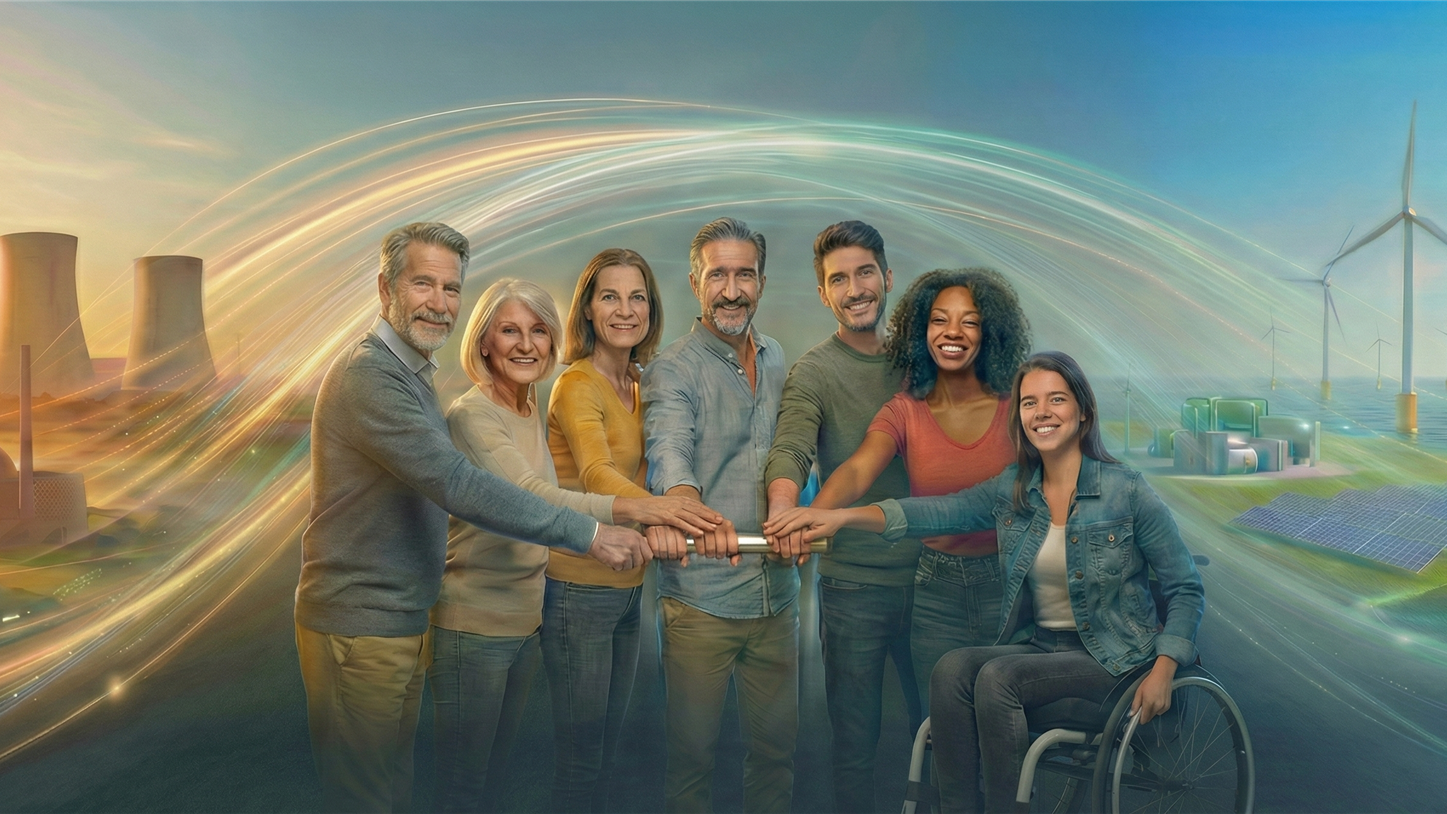 Betriebsrätinnen und Betriebsräte verschiedener Generationen, die einen Staffelstab umfassen. Im Hintergrund Symbole für die neue und die alte Energiewirtschaft!